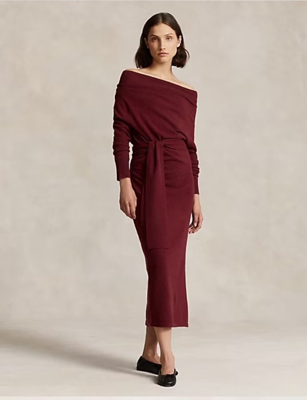 Polo Ralph Lauren Off Shoulder Washable Cashmere Belted Midi Dress XS Burgundy